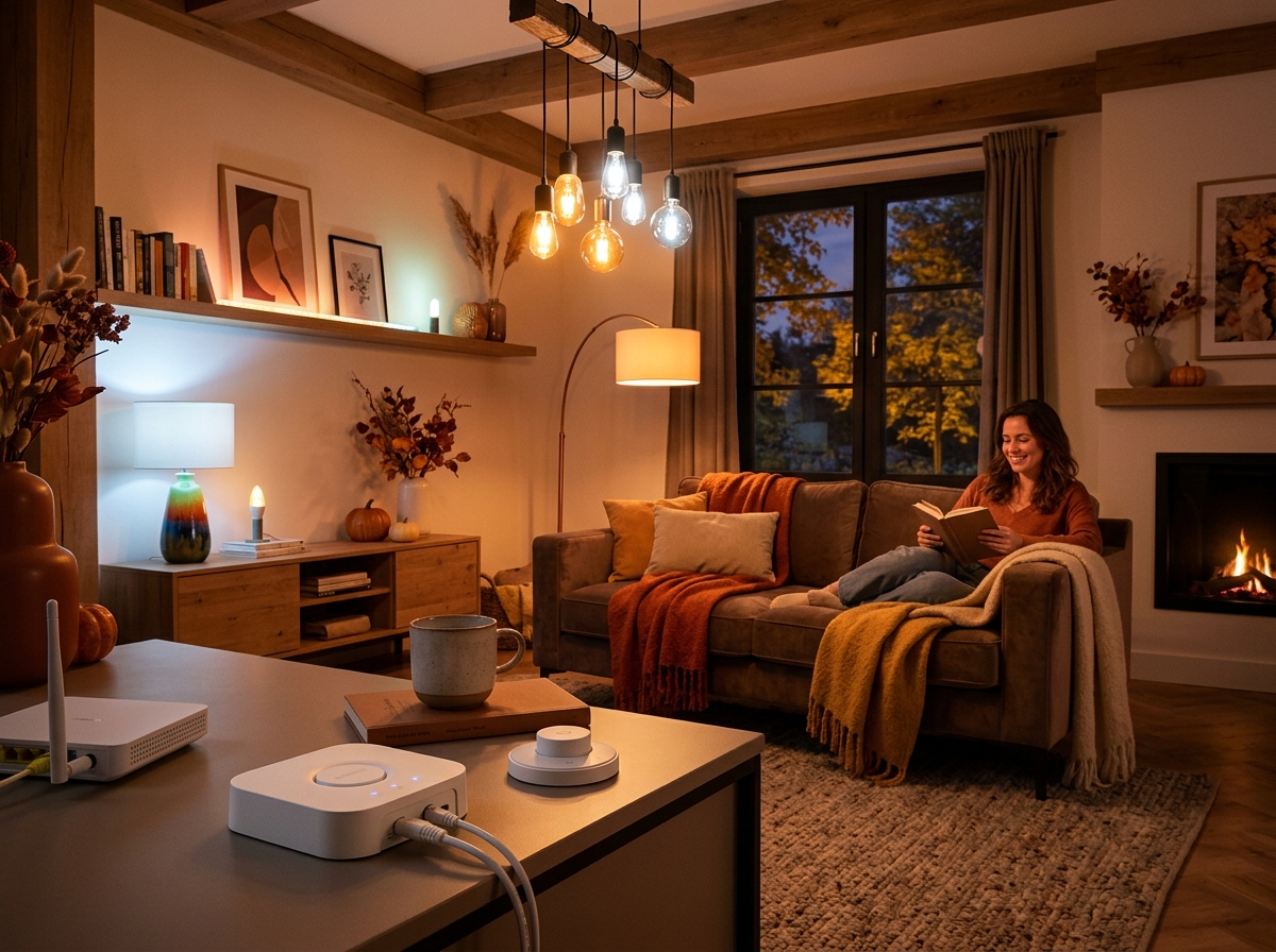 Philips Hue smart LED bulbs glowing with cozy warm amber lighting in an autumn living room
