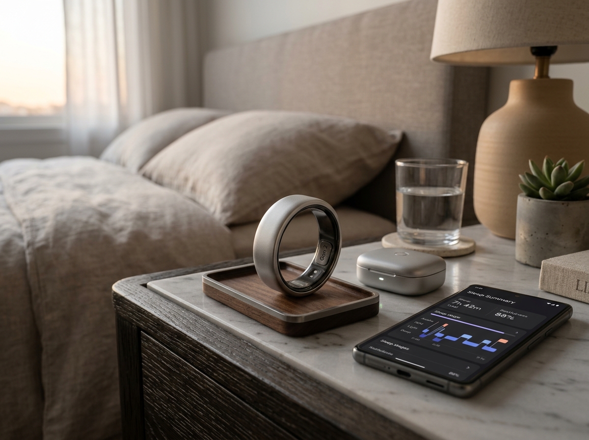 RingConn Gen 2 smart ring in matte silver on bedside table next to smartphone showing sleep apnea graphs