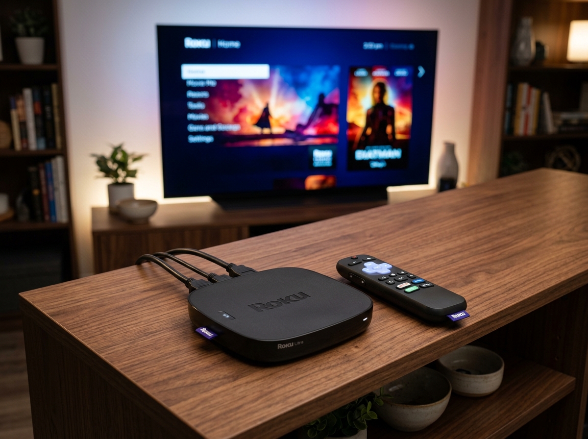 Roku Ultra 2024 4K streaming box with glowing backlit Voice Remote Pro on walnut media console
