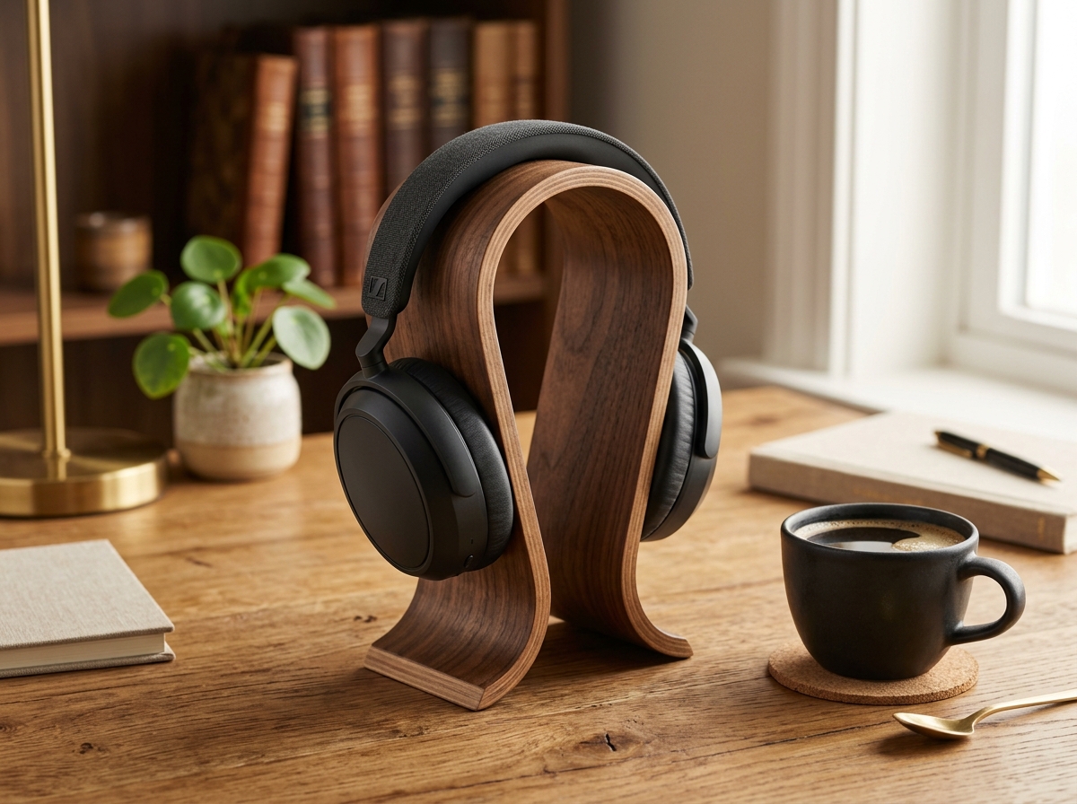 Sennheiser Momentum 4 Wireless headphones on a wooden headphone stand with a coffee cup