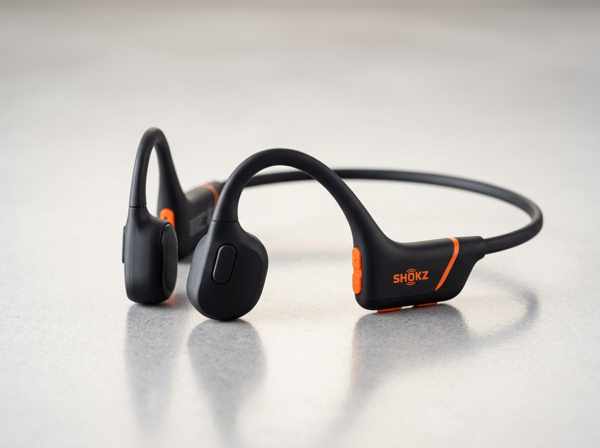 Shokz OpenRun Pro 2 bone conduction sport headphones resting on a minimalist surface