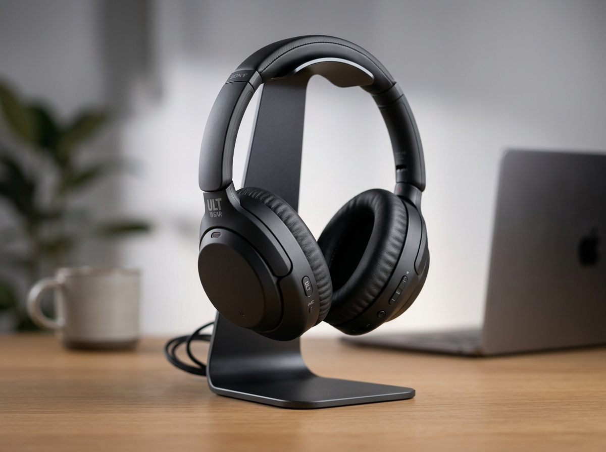 Sony ULT WEAR Over-Ear Noise Cancelling Headphones in black on a headphone stand