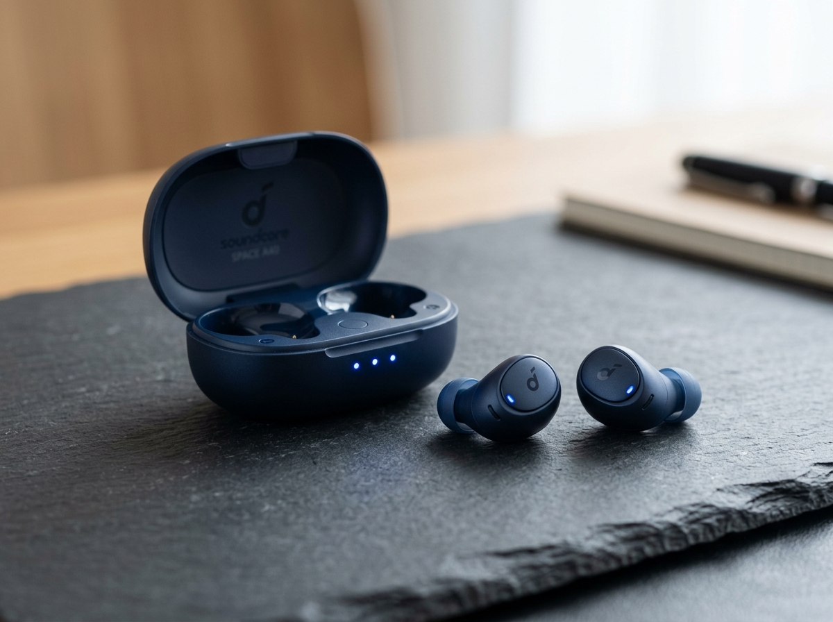 Soundcore Space A40 matte navy wireless earbuds and pebble charging case with glowing LED indicators on slate desk