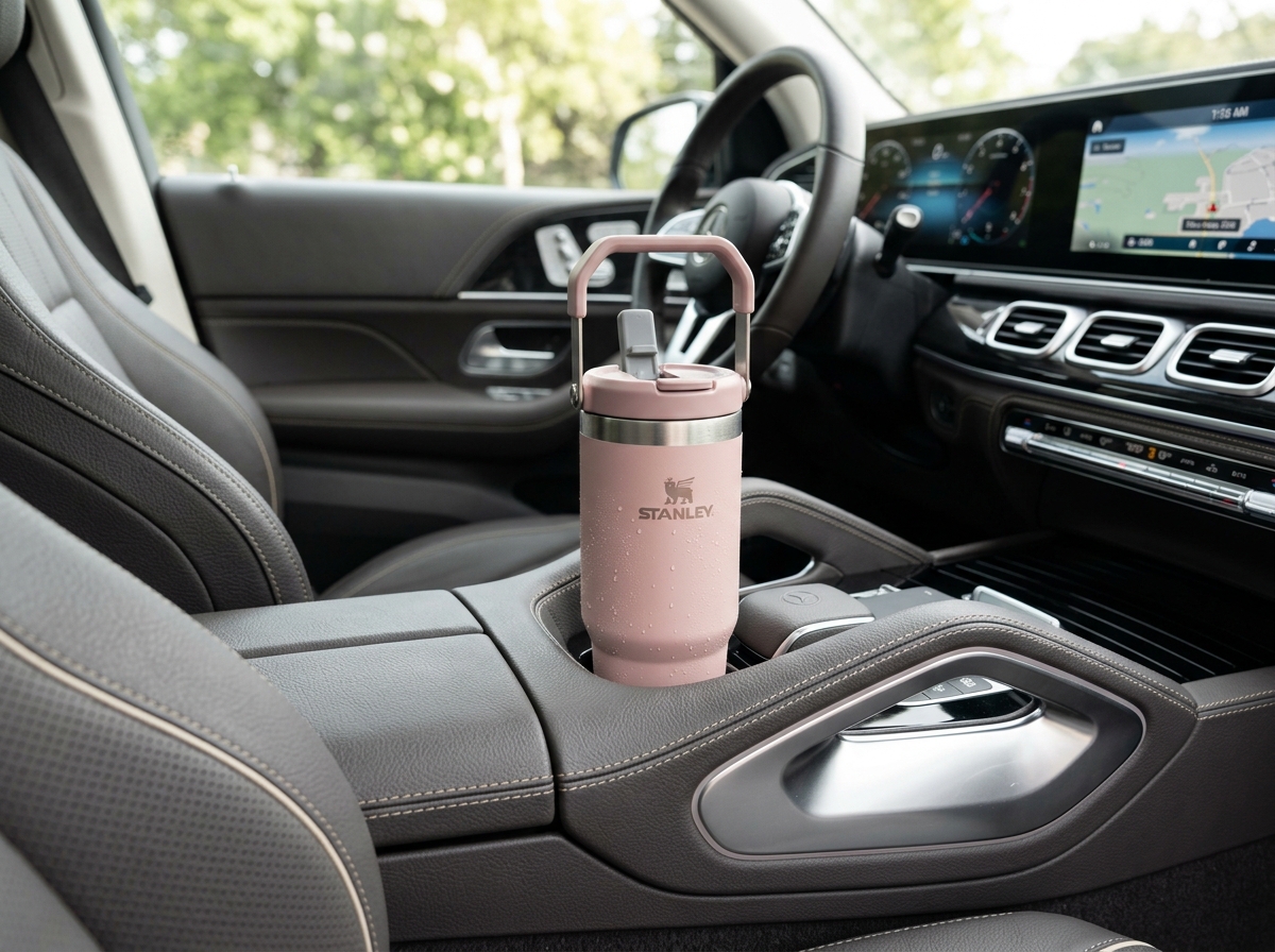 STANLEY IceFlow 2.0 Flip Straw Tumbler 30oz in Rose Quartz resting in a car cup holder