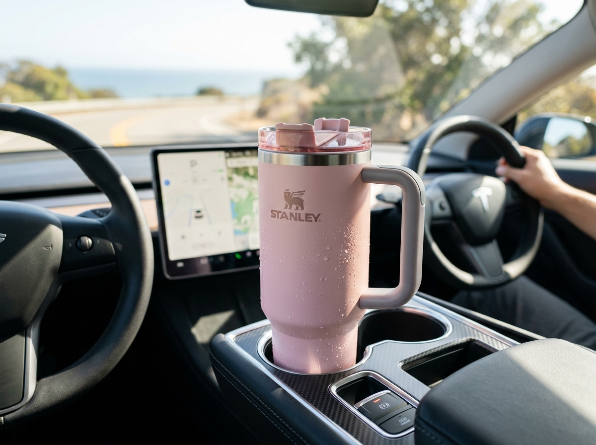 STANLEY Quencher ProTour Flipstraw 40 oz Tumbler in Rose Quartz in a car cup holder