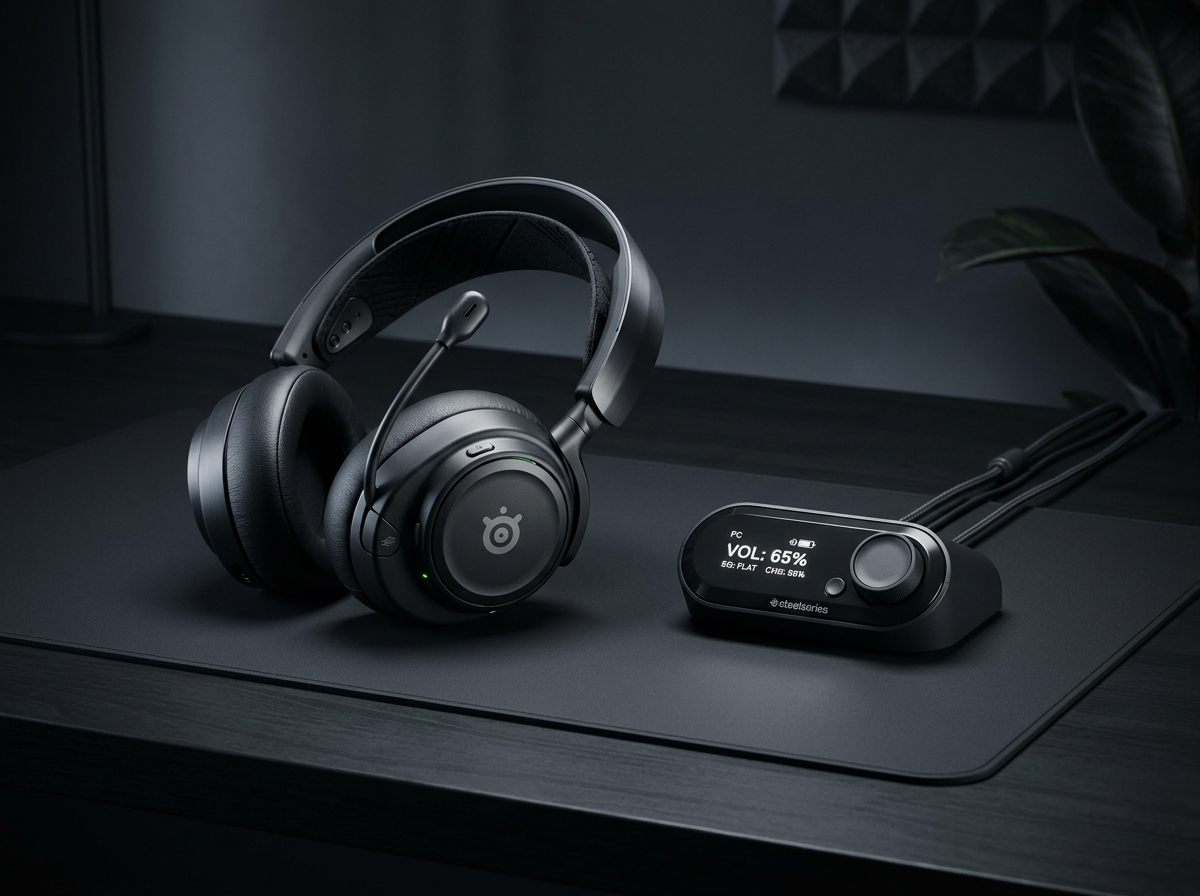 SteelSeries Arctis Nova Pro Wireless gaming headset with OLED Base Station DAC