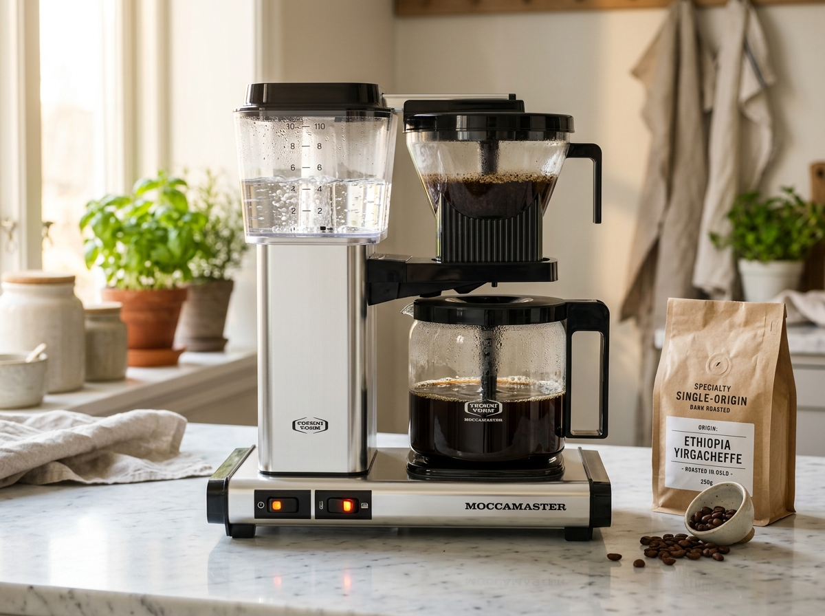 Technivorm Moccamaster KBGV Select 10-cup drip coffee maker in polished silver on marble countertop
