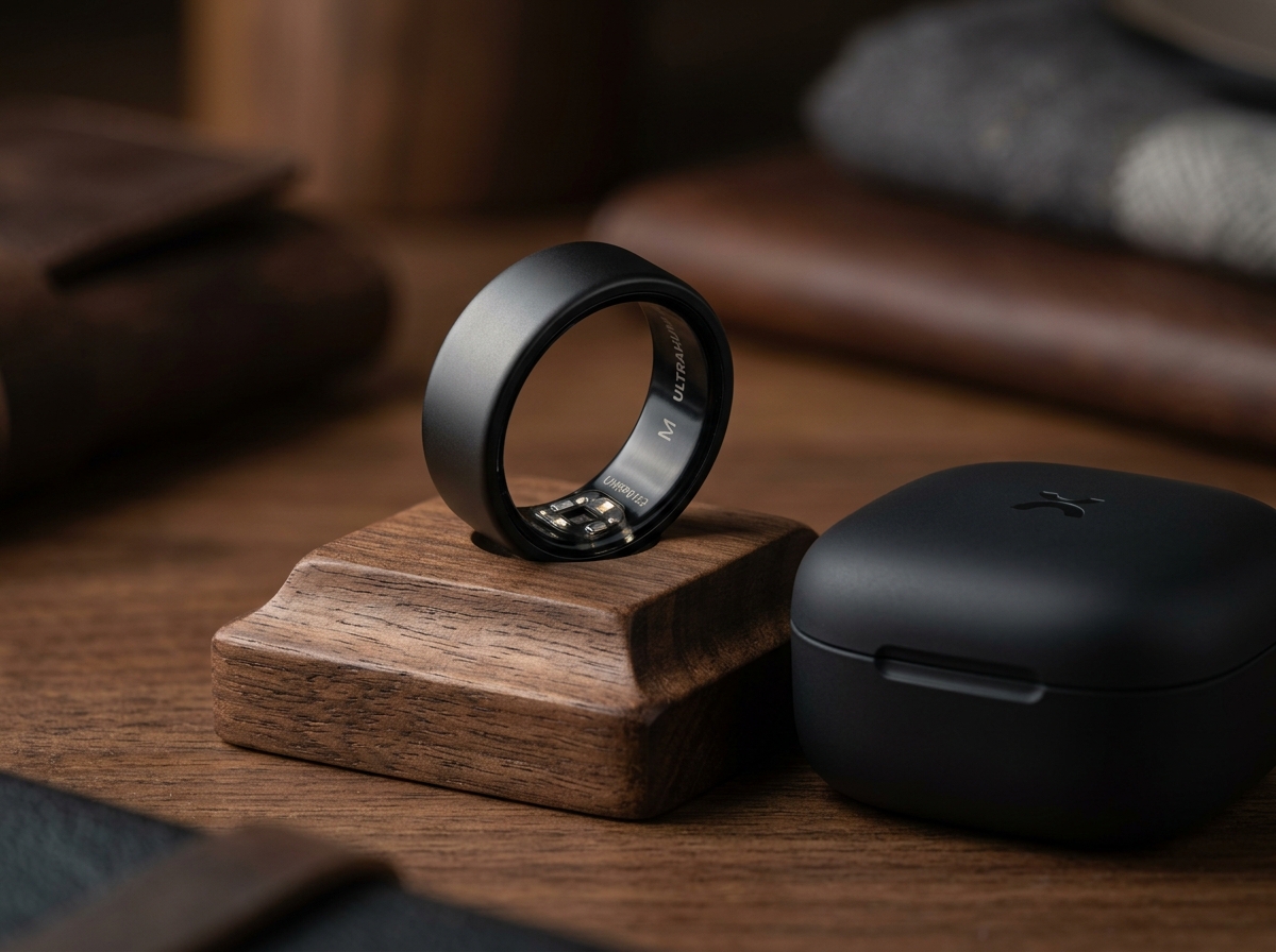 Ultrahuman Ring Pro Aster Black smart ring resting beside portable wireless battery case