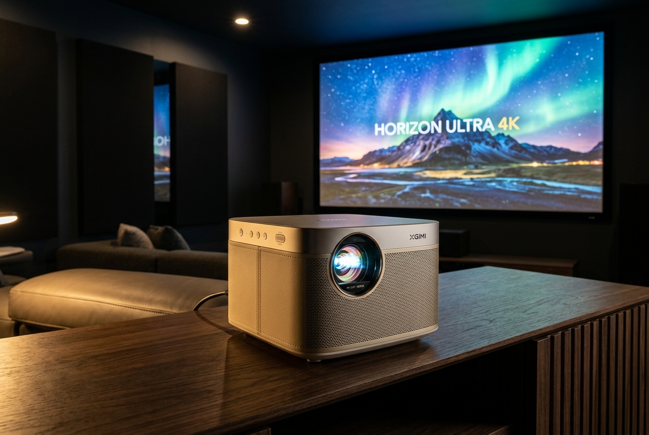 4K home theater projector casting bright clear image on large cinema screen