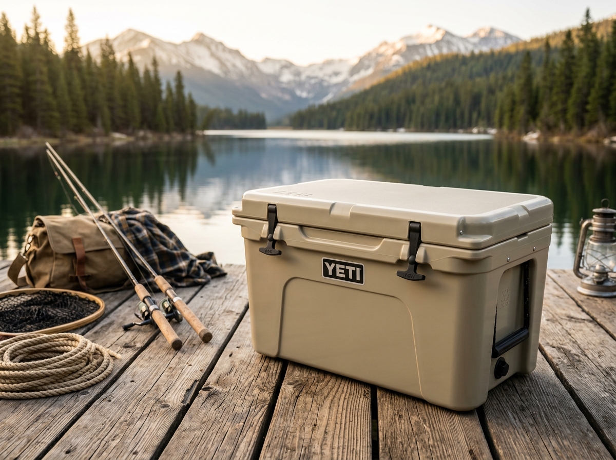 YETI Tundra 45 cooler in Desert Tan on a camping timber deck